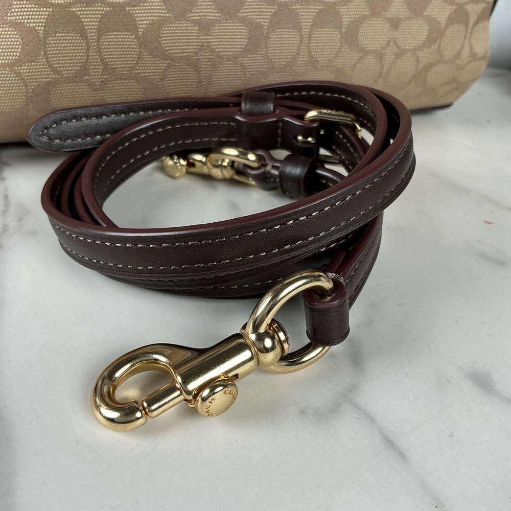Coach Elise hand Crossbody Bag Brown Tan Signature Jacquard Satchel Fall Purse - Picture 7 of 10
